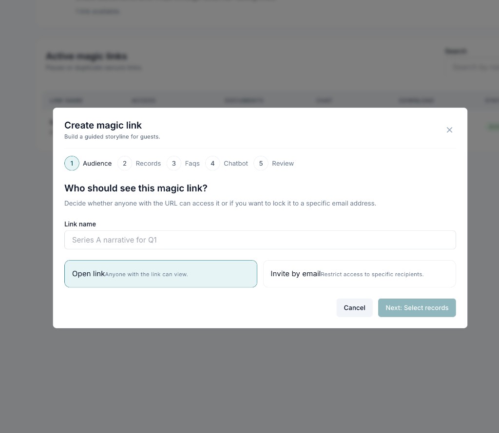 Create magic link — guided sharing flow