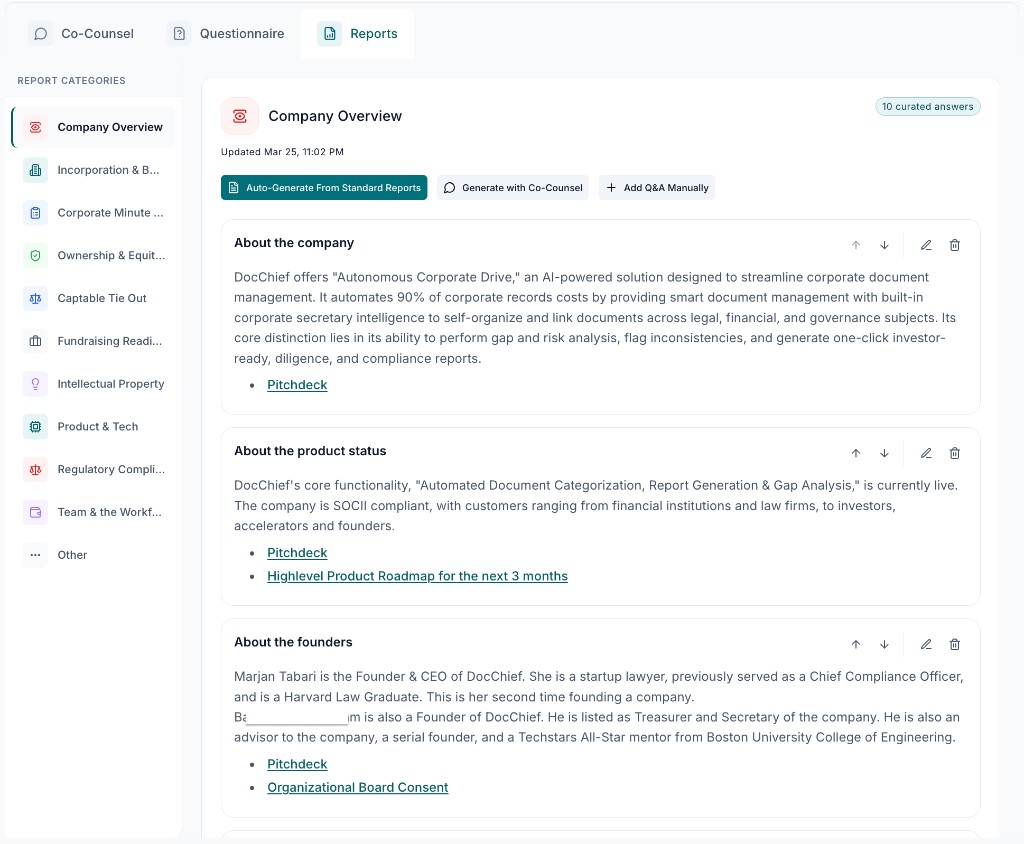Indexed document categories for portfolio diligence