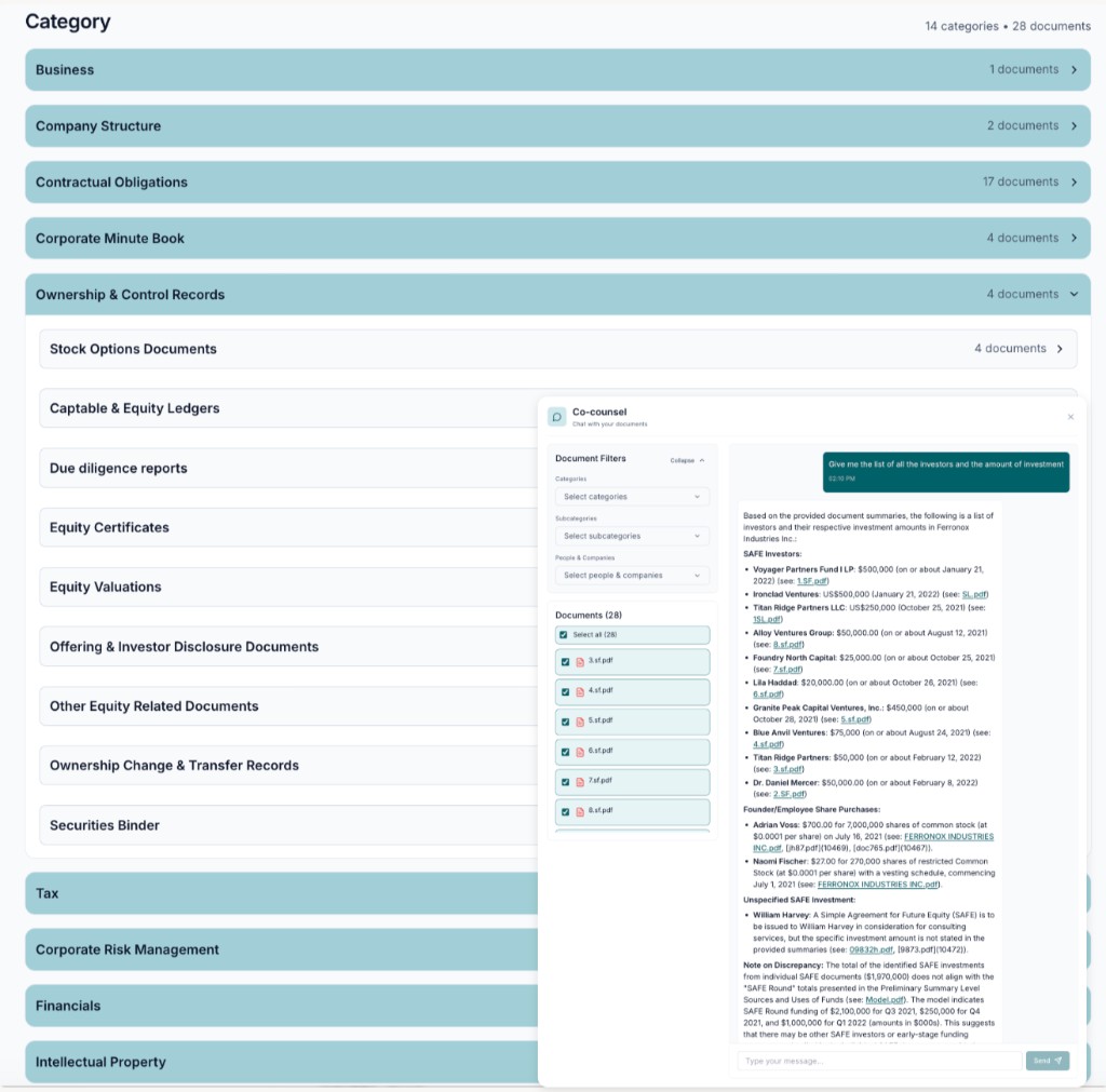 Co-counsel chat with document categories and source-linked answers