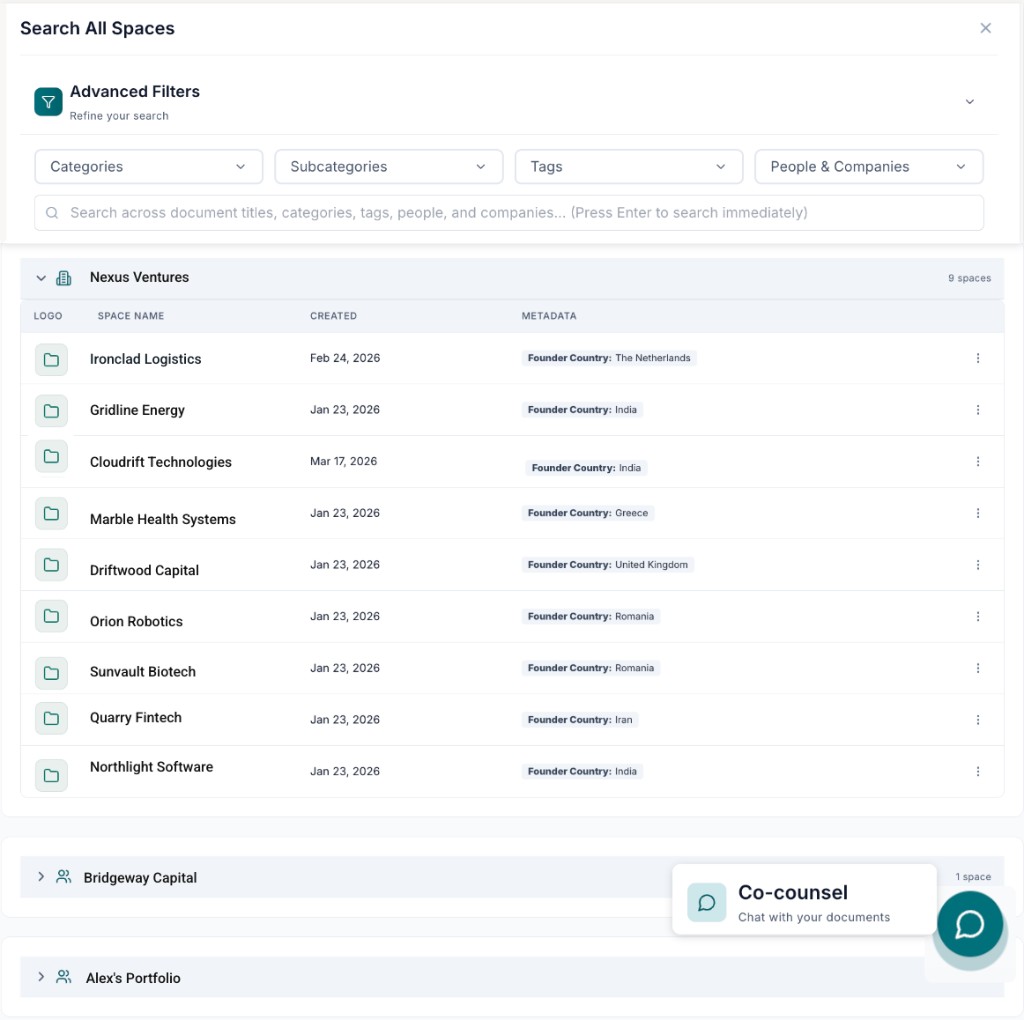 Search All Spaces across portfolio companies, filters, and spaces list