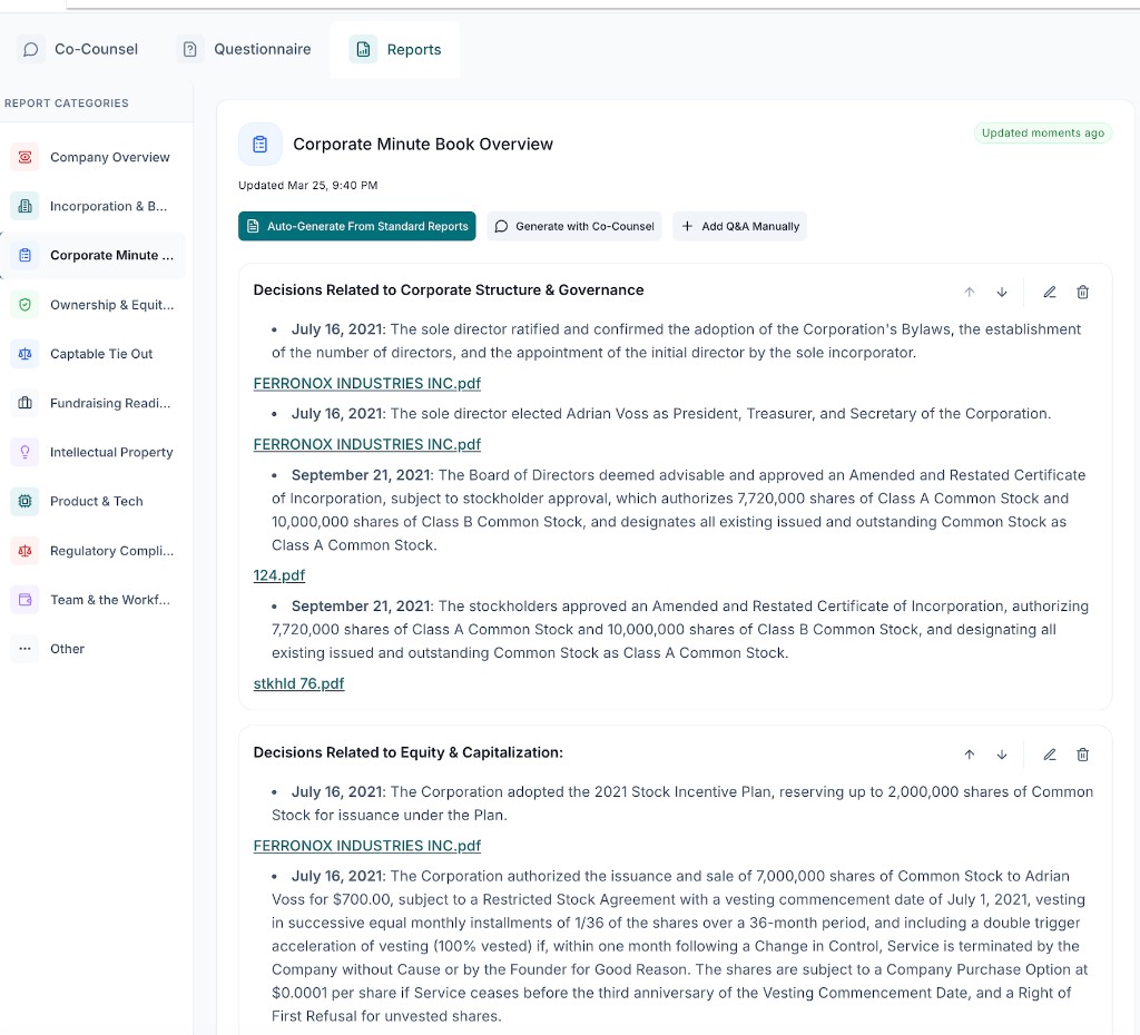 Reports dashboard showing Corporate Minute Book Overview